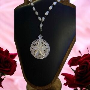 Vintage Mother of Pearl Carved Star Pendant Necklace – Beaded Chain